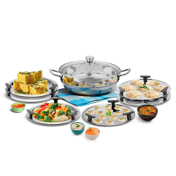 All Rounder Multi Kadhai 7 Pcs. with Glass Lid | Induction Bottom | All-In-One Stainless Steel Kadhai | Multipurpose Kadhai