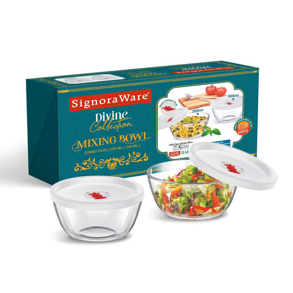 Mixing Bowl Borosilicate Glass Set of 2 with Lids (500ml + 500ml)