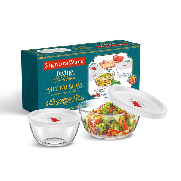 Mixing Bowl Borosilicate Glass with Lid Combo (1000 ml + 500 ml)