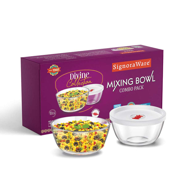 Mixing Bowls Borosilicate Glass with Lid Combo (1000 ml + 1000 ml)