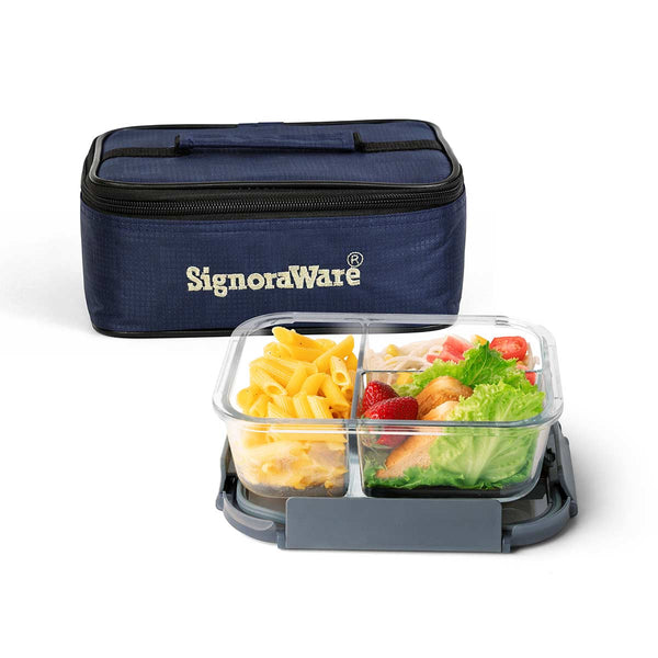 Slim Glass Lunch Box with Bag (3 Partitions)