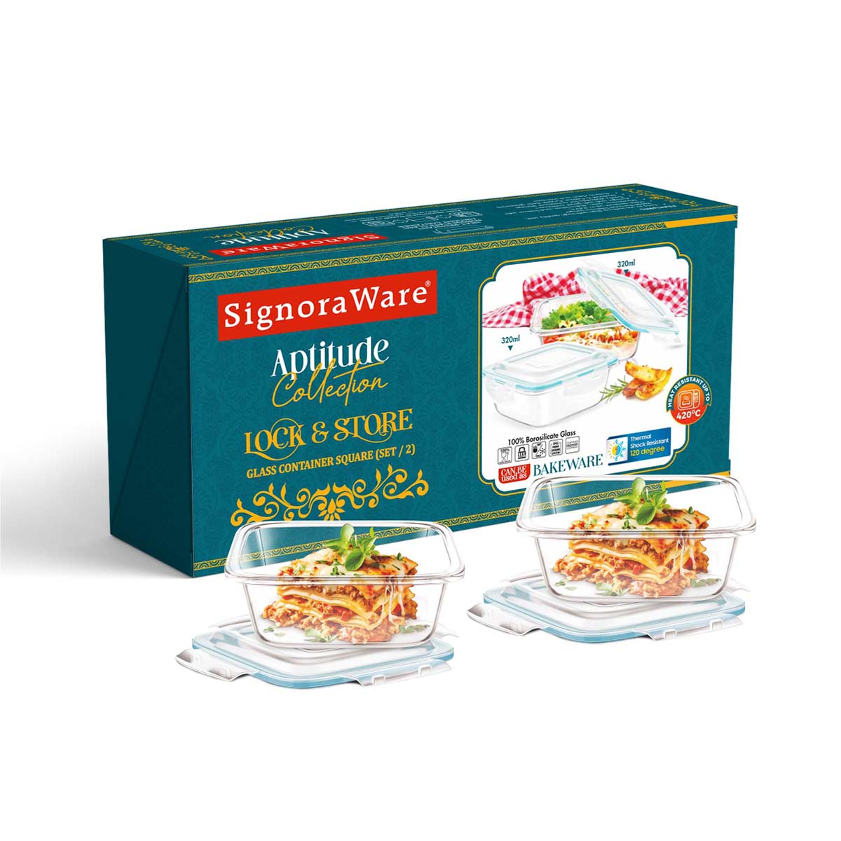 Signoraware Lock n Store Glass Containers (Square) Set/2 320 ml.