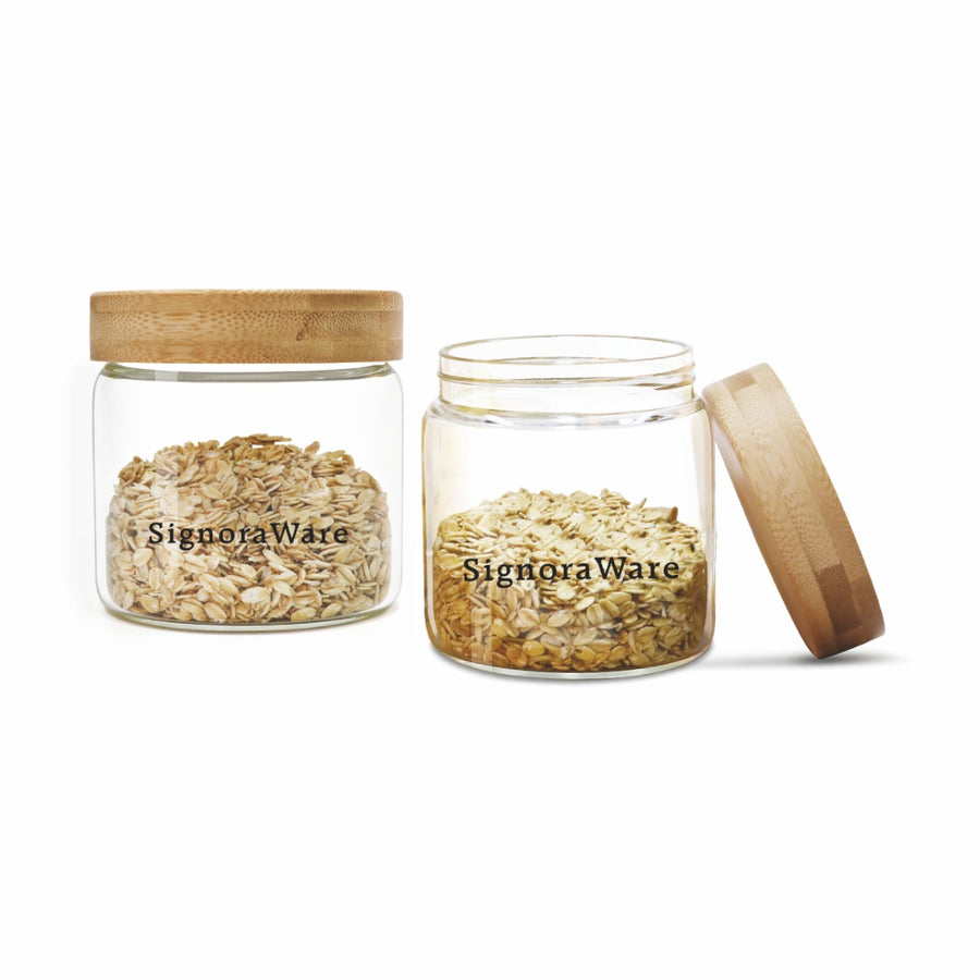 Glaze Round Glass Jar with Bamboo Lid 300ml  (Set of 2)