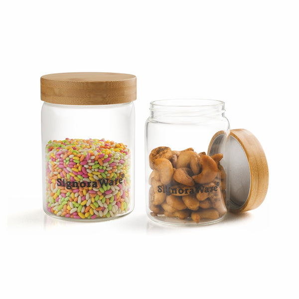 Glaze Round Glass Jar with Bamboo Lid 500ml  (Set of 2)