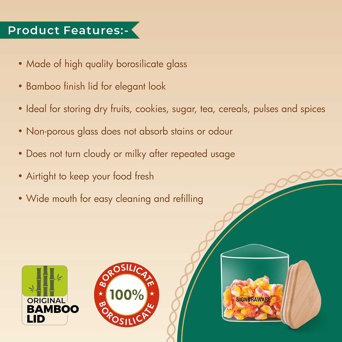 Trison Triangle Jar with Bamboo Lid 450 ml