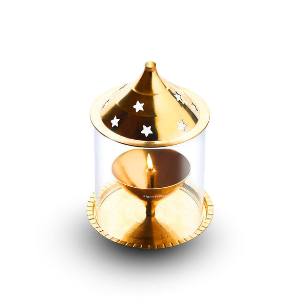 Akhand Diya Small Brass with Glass Cover
