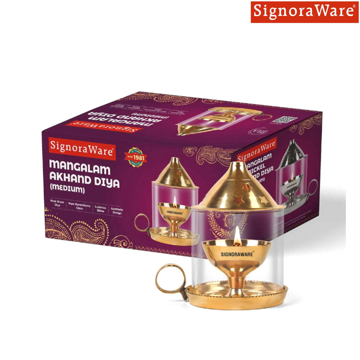 Mangalam Akhand Diya Medium with Glass Cover
