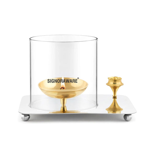 Aarti Diya Medium with Borosilicate Glass Cover