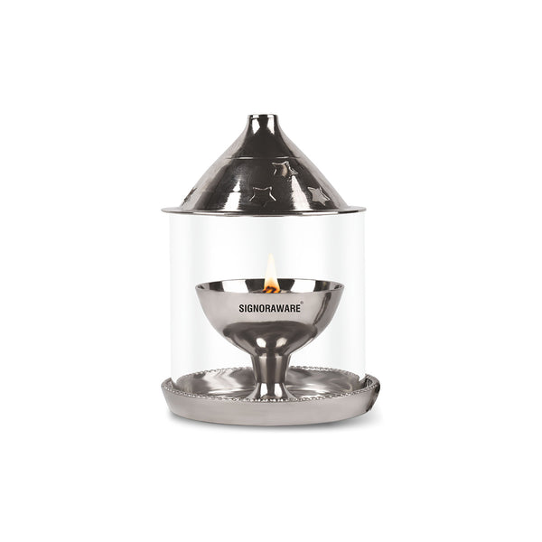 Nickel Akhand Diya (Mini) with Glass Cover