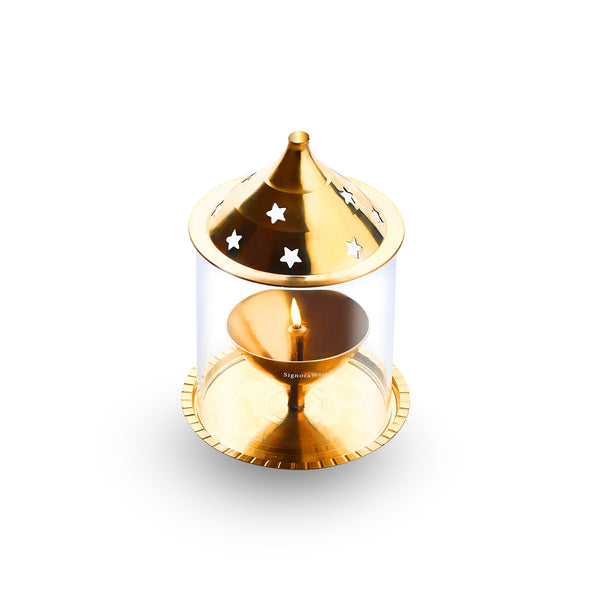 Brass Akhand Diya (Mini) with Glass Cover