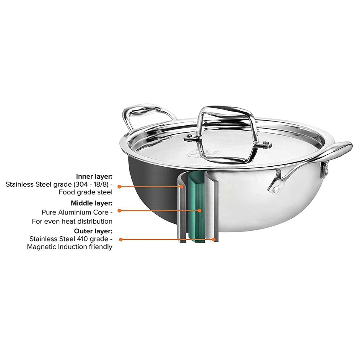 Artista Tri-Ply Kadhai 26 cm. / 4000ml. with Lid