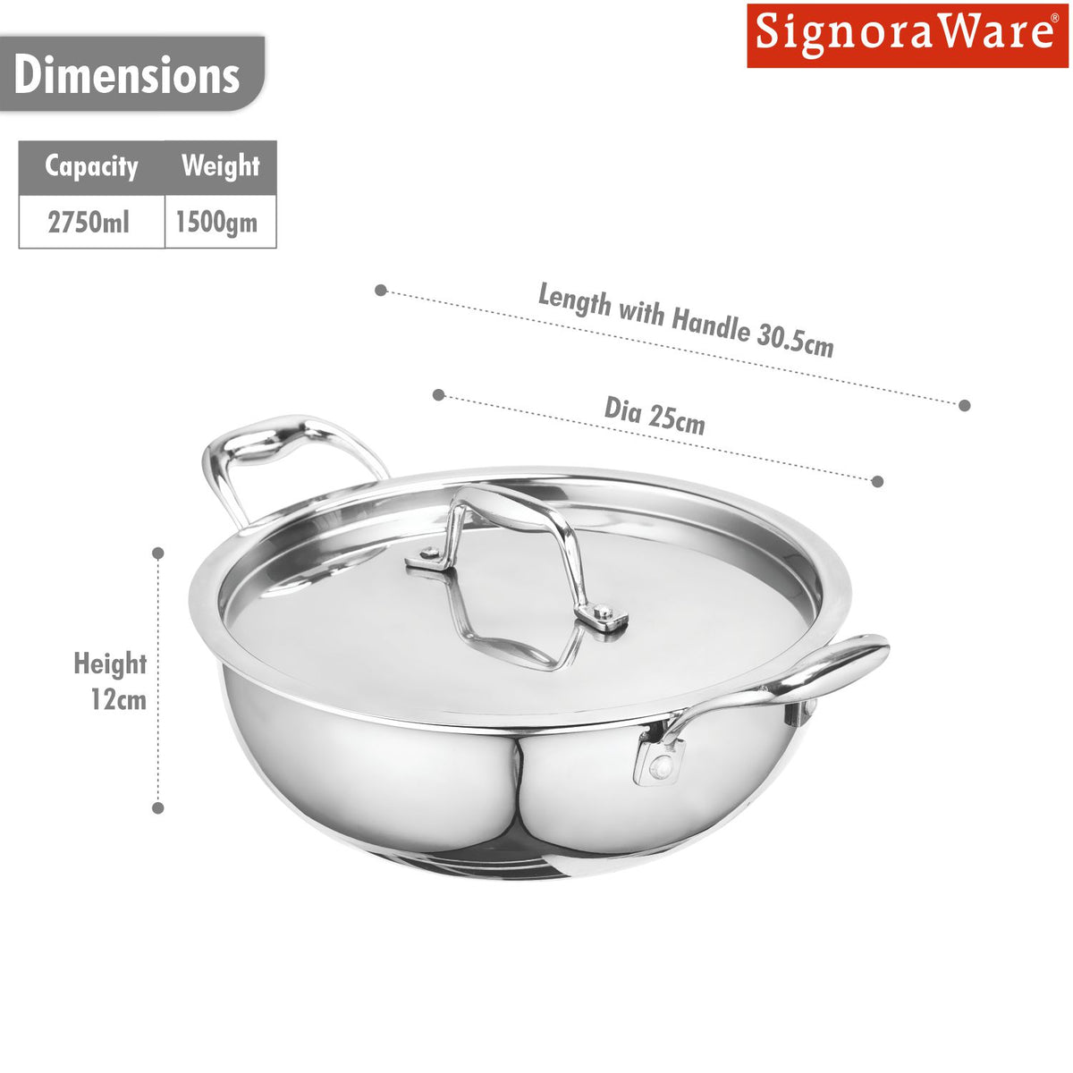 Artista Tri-Ply Kadhai 22 cm. / 2750ml. with Lid