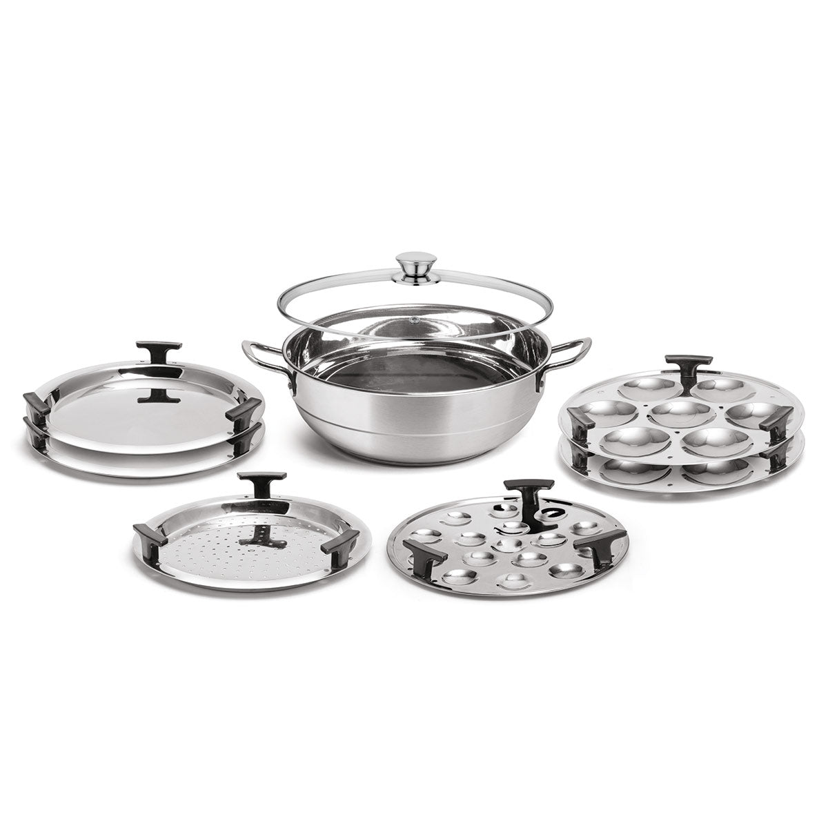 All Rounder Multi Kadhai 7 Pcs. with Glass Lid | Induction Bottom | All-In-One Stainless Steel Kadhai | Multipurpose Kadhai