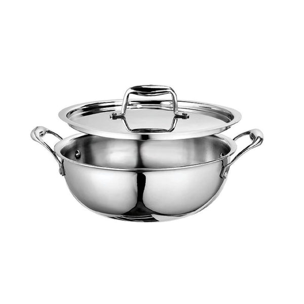 Artista Triply Stainless Steel Shallow Kadhai with Lid| Silver (Induction and Gas Stove Friendly), 18cm, 1200ml
