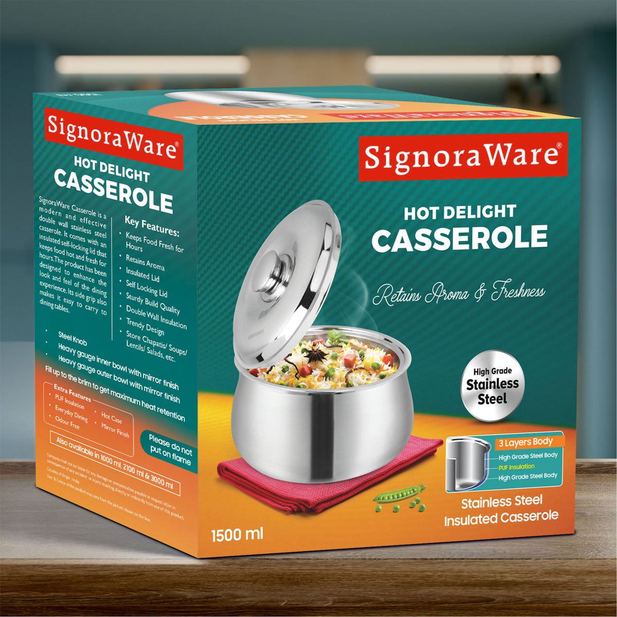 Hot Delight Casserole (1500ml) - Double Wall Stainless Steel Insulated casserole - Keep Food Hot for longer time