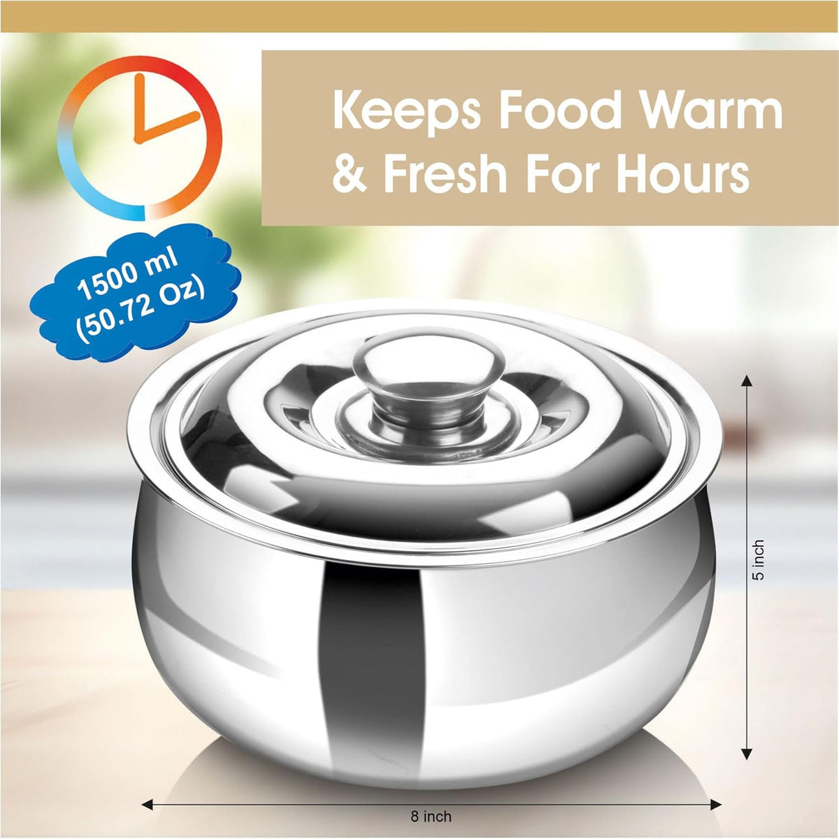 Hot Delight Casserole (1500ml) - Double Wall Stainless Steel Insulated casserole - Keep Food Hot for longer time