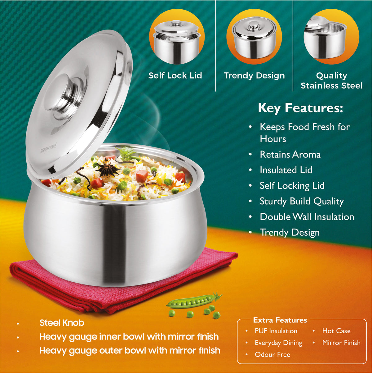Hot Delight Casserole (3000ml) - Double Wall Stainless Steel Insulated casserole - Keep Food Hot for longer time