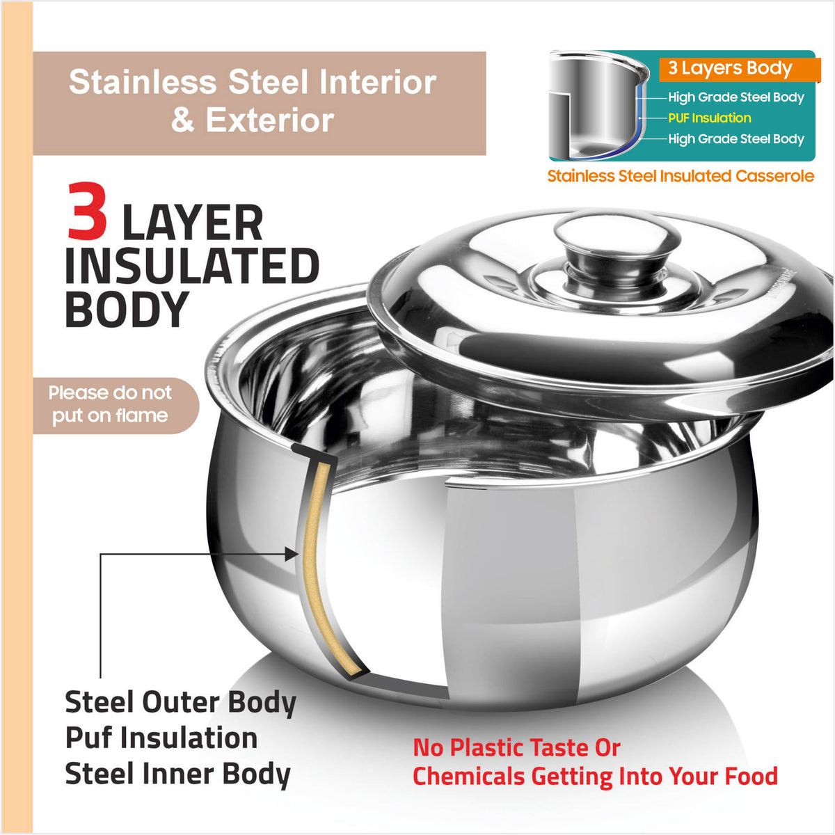 Hot Delight Casserole (3000ml) - Double Wall Stainless Steel Insulated casserole - Keep Food Hot for longer time