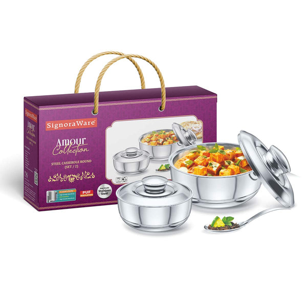 Fresh Steel Casserole (500ml + 1100ml) Set of 2 | Gifting Pack