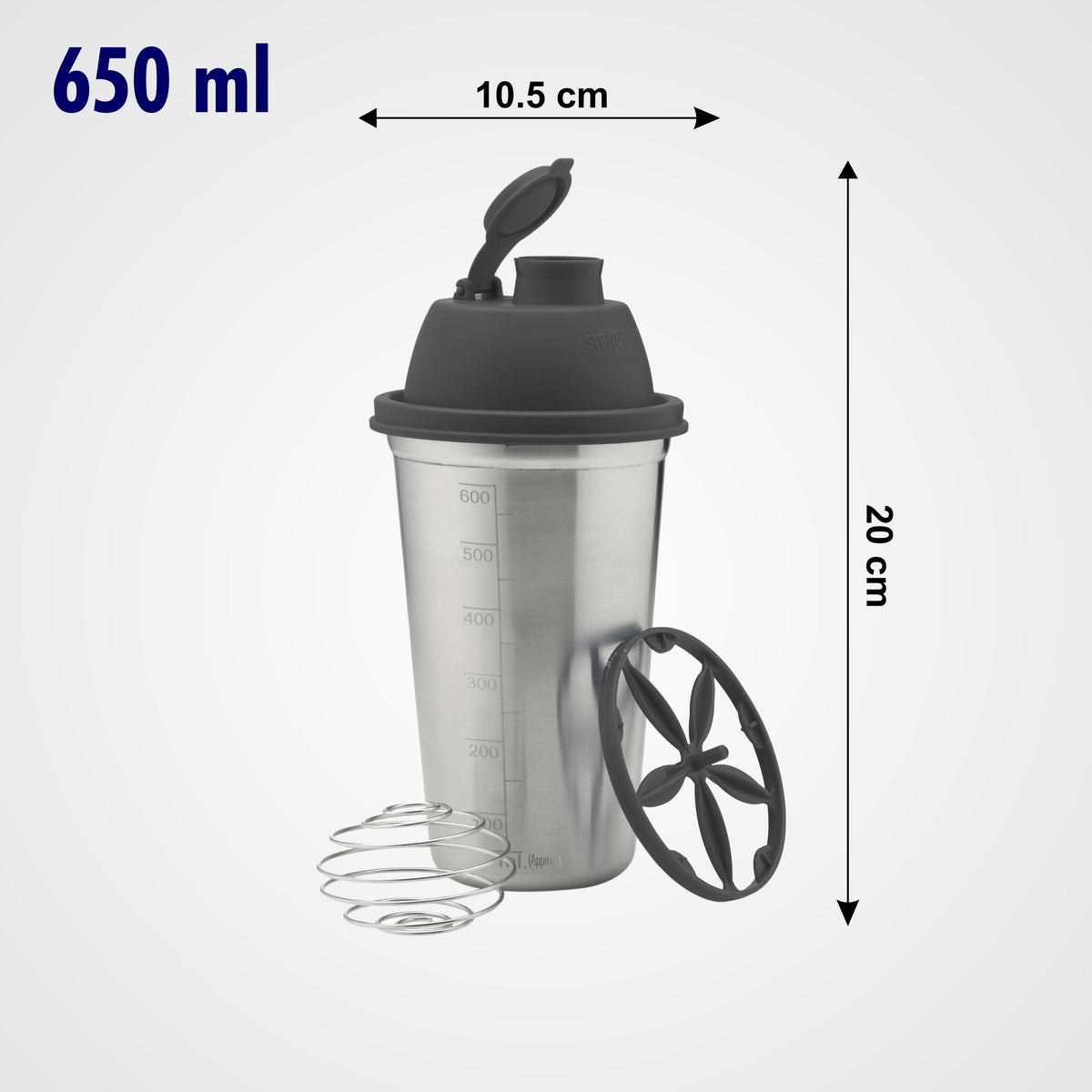 Shake 'N' Shake Steel, 650ml.| Steel Protein Shake Bottle for Meal Replacement Shakes & Smoothies, Beverages, Mixing Salad Dressing & Sauces, Margarita, More