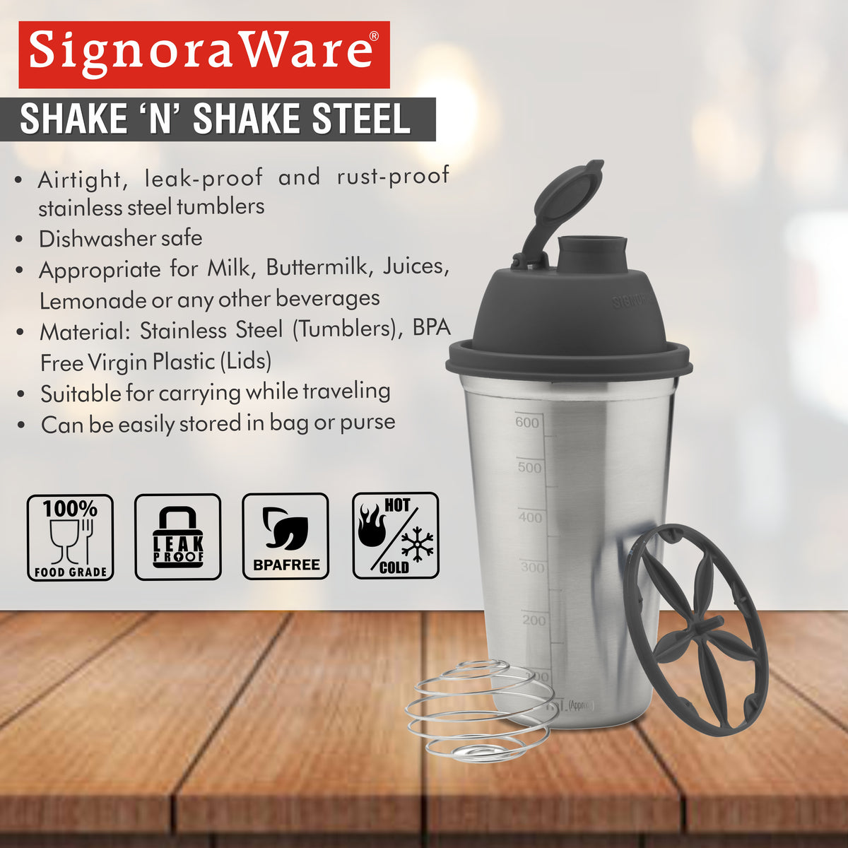 Shake 'N' Shake Steel, 650ml.| Steel Protein Shake Bottle for Meal Replacement Shakes & Smoothies, Beverages, Mixing Salad Dressing & Sauces, Margarita, More