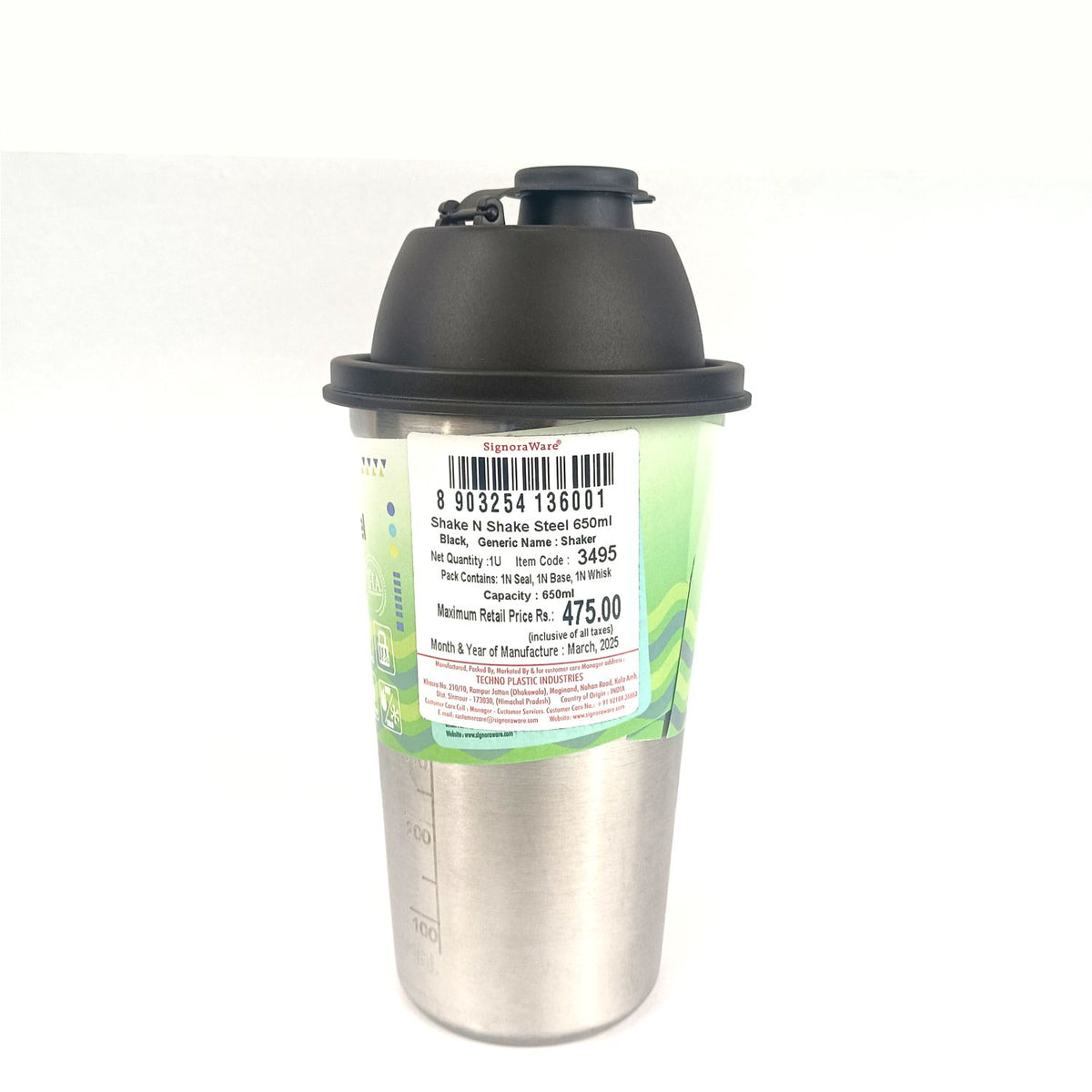 Shake 'N' Shake Steel, 650ml.| Steel Protein Shake Bottle for Meal Replacement Shakes & Smoothies, Beverages, Mixing Salad Dressing & Sauces, Margarita, More