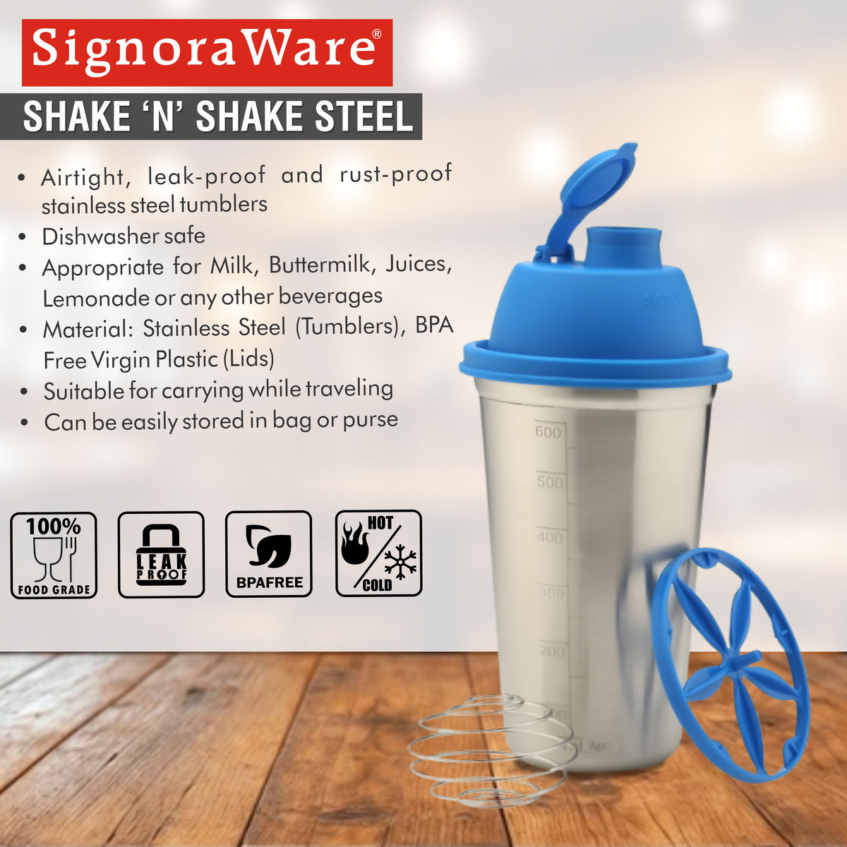 Shake 'N' Shake Steel, 650ml.| Steel Protein Shake Bottle for Meal Replacement Shakes & Smoothies, Beverages, Mixing Salad Dressing & Sauces, Margarita, More