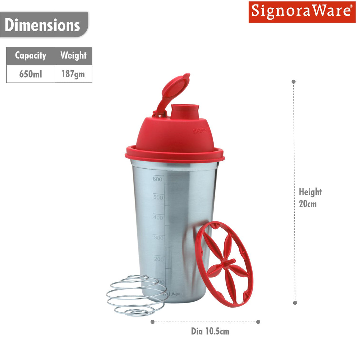 Shake 'N' Shake Steel, 650ml.| Steel Protein Shake Bottle for Meal Replacement Shakes & Smoothies, Beverages, Mixing Salad Dressing & Sauces, Margarita, More