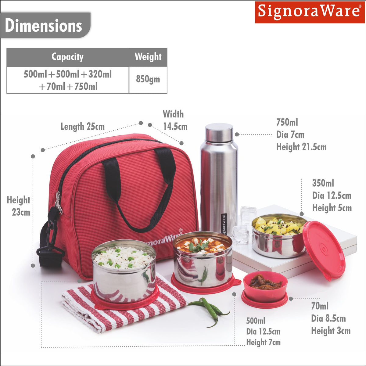 Signoraware Sling Steel Lunch Box with Steel Bottle, Set of 5