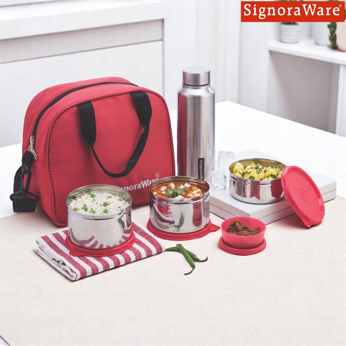 Signoraware Sling Steel Lunch Box with Steel Bottle, Set of 5