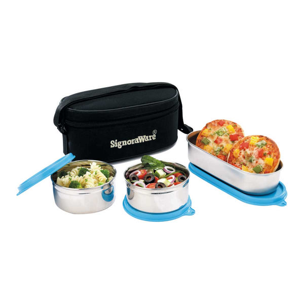 Double Decker Special Steel Lunch Box with Black Bag, 350ml+350ml+650ml, Set of 3