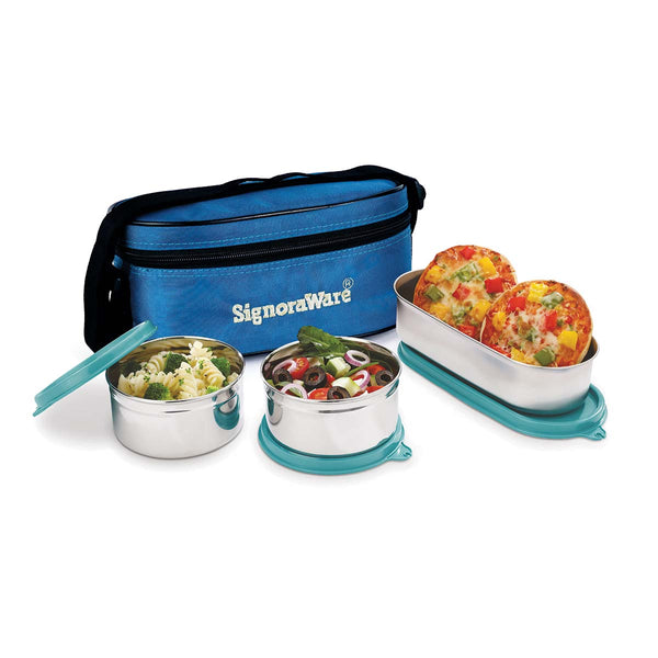 Double Decker Special Steel Lunch Box with Black Bag, 350ml+350ml+650ml, Set of 3