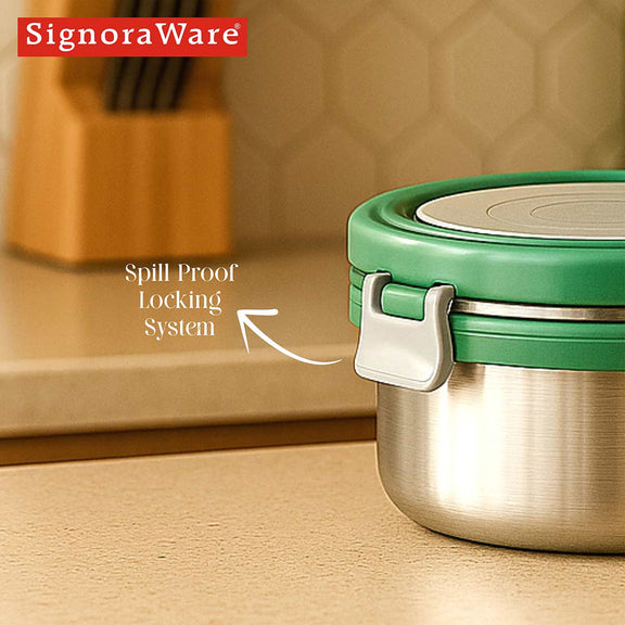 Lock N Store Steel Container Round with Steel lid 350ml – Signoraware