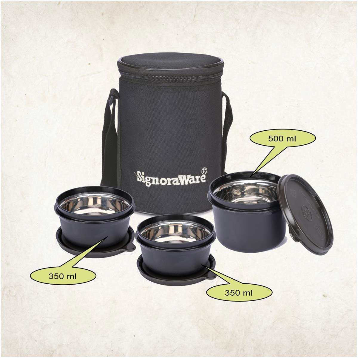 Monarch Executive Medium Microsafe Steel |Microwave Safe Lunch Box (3 Stainless Steel Containers + Insulated Bag) (500ml+350ml+350ml) , Set of 3 | Office Series