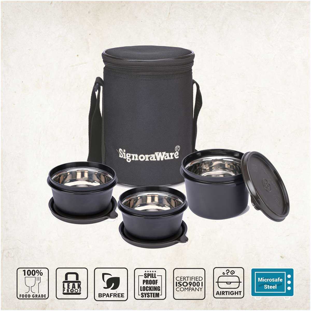 Monarch Executive Medium Microsafe Steel |Microwave Safe Lunch Box (3 Stainless Steel Containers + Insulated Bag) (500ml+350ml+350ml) , Set of 3 | Office Series
