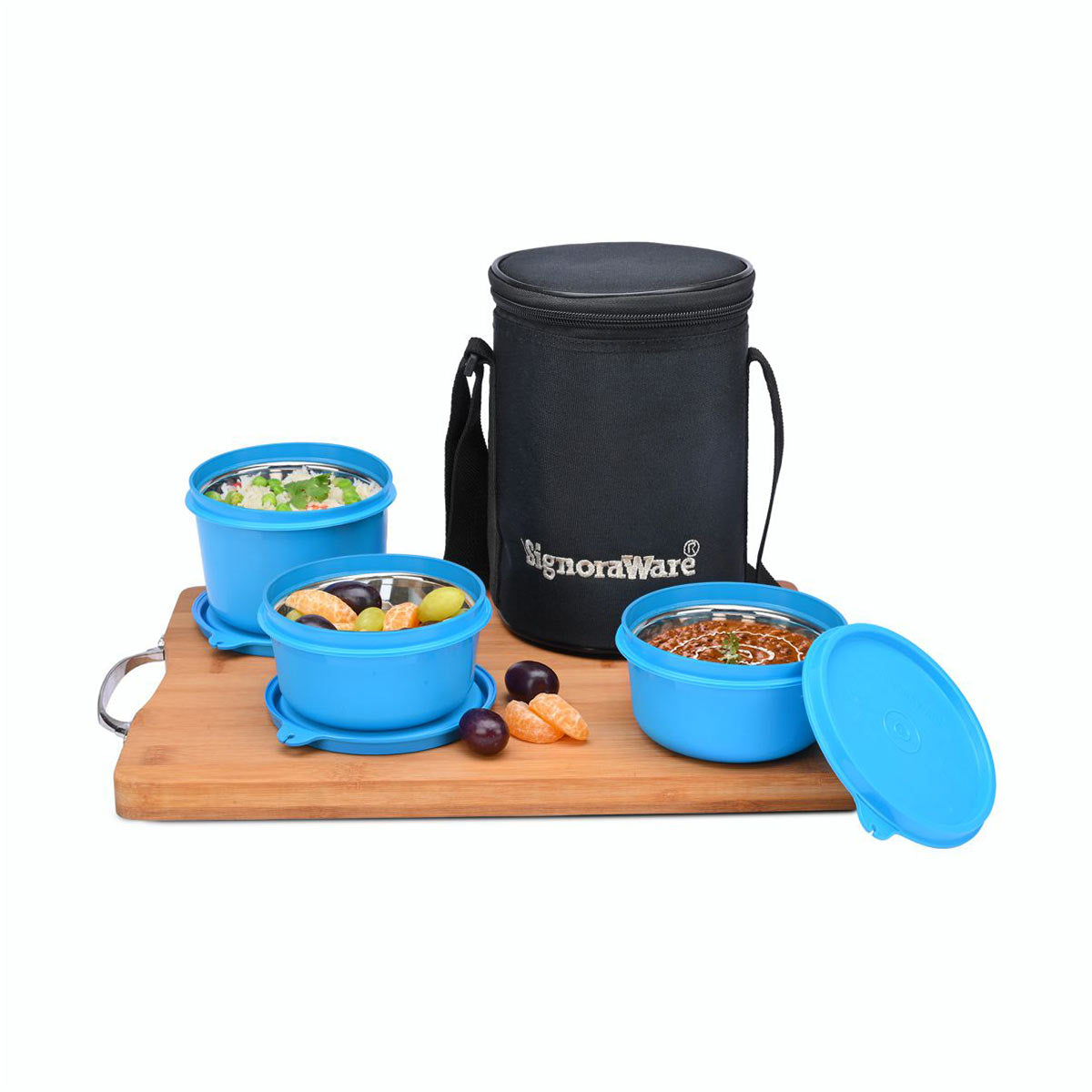 Monarch Executive Medium Microsafe Steel |Microwave Safe Lunch Box (3 Stainless Steel Containers + Insulated Bag) (500ml+350ml+350ml) , Set of 3 | Office Series