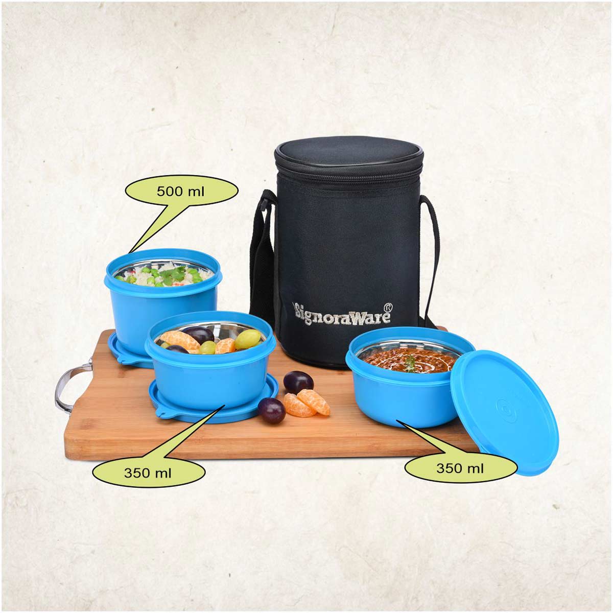 Monarch Executive Medium Microsafe Steel |Microwave Safe Lunch Box (3 Stainless Steel Containers + Insulated Bag) (500ml+350ml+350ml) , Set of 3 | Office Series