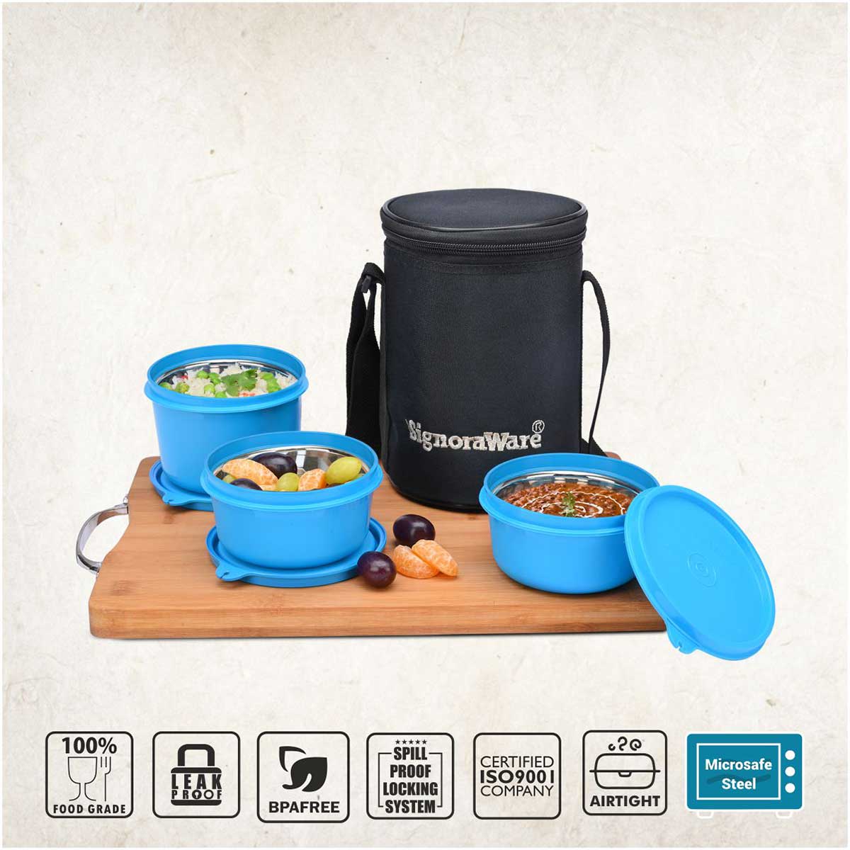 Monarch Executive Medium Microsafe Steel |Microwave Safe Lunch Box (3 Stainless Steel Containers + Insulated Bag) (500ml+350ml+350ml) , Set of 3 | Office Series