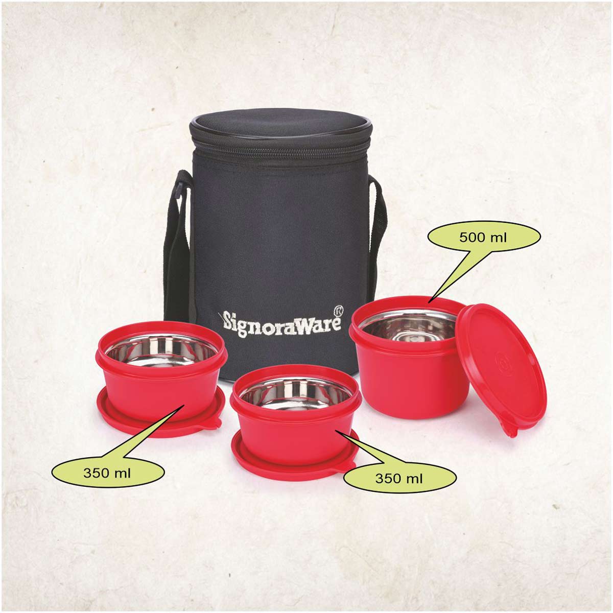 Monarch Executive Medium Microsafe Steel |Microwave Safe Lunch Box (3 Stainless Steel Containers + Insulated Bag) (500ml+350ml+350ml) , Set of 3 | Office Series