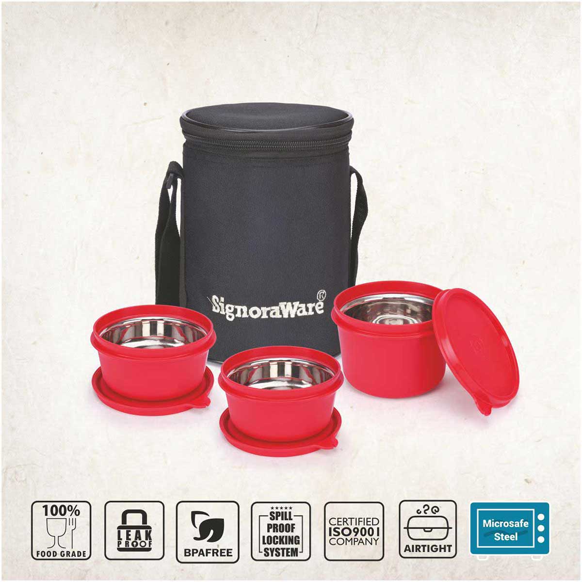 Monarch Executive Medium Microsafe Steel |Microwave Safe Lunch Box (3 Stainless Steel Containers + Insulated Bag) (500ml+350ml+350ml) , Set of 3 | Office Series
