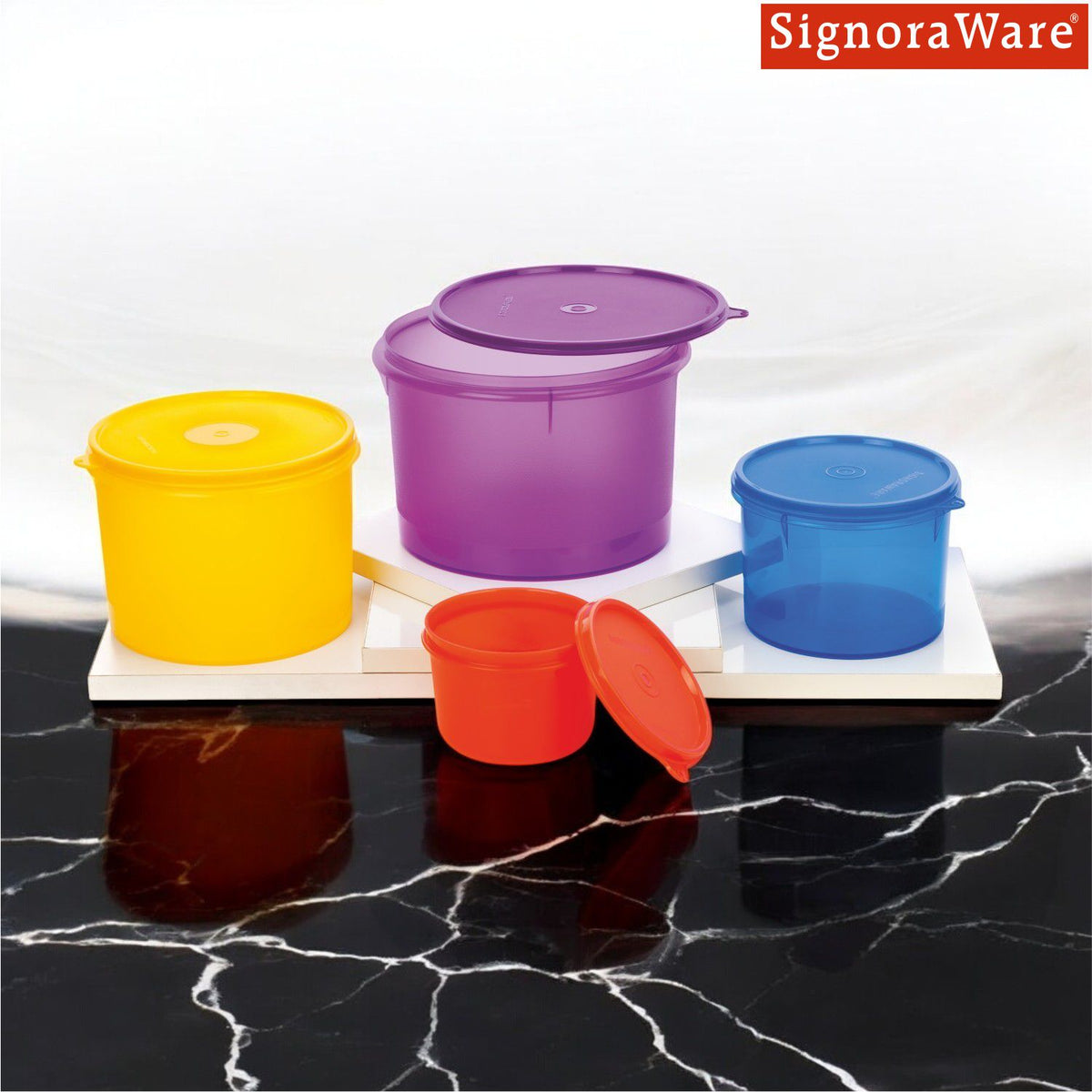 Modular Plastic Storage Container Round, Set of 4 ,( 3500 ml. + 2500 ml.+ 1100 ml.+ 450 ml.),Multicolor