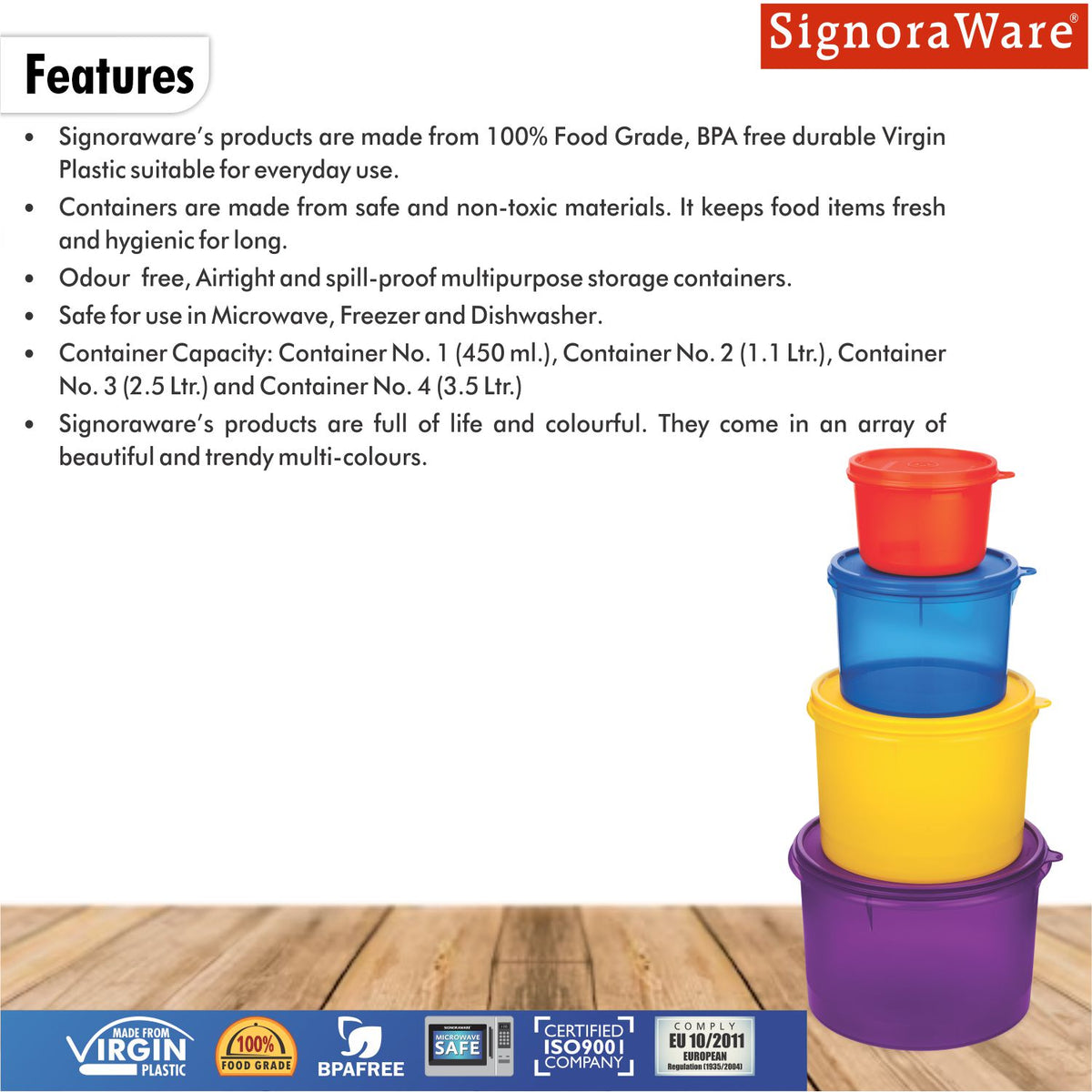 Modular Plastic Storage Container Round, Set of 4 ,( 3500 ml. + 2500 ml.+ 1100 ml.+ 450 ml.),Multicolor