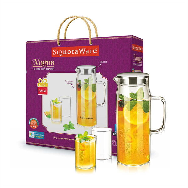 Vogue Jug Steel Lid 1500 ml & 6 Glass (295 ml each) Gifting Set