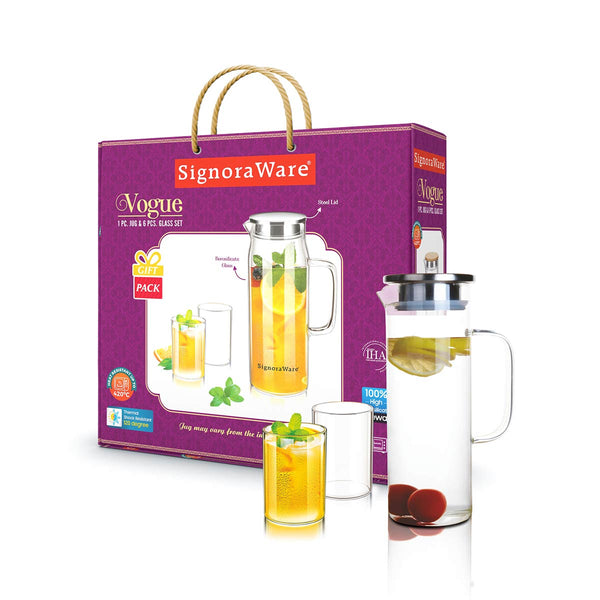 Vogue Jug Steel Lid 1000 ml & 6 Glass (295 ml each) Gifting Set