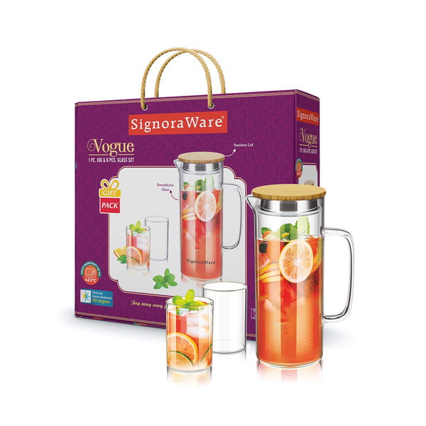 Vogue Jug Bamboo Lid 1000 ml & 6 Glass (295 ml each) Gifting Set