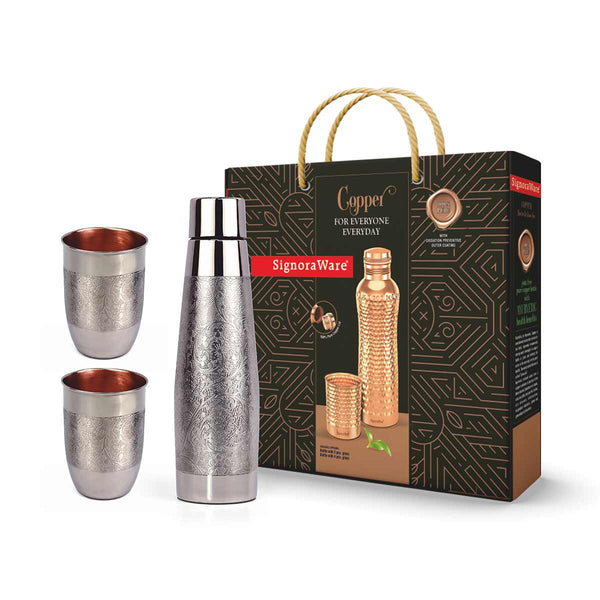 Silver Touch Copper Bottle with 2 Glass