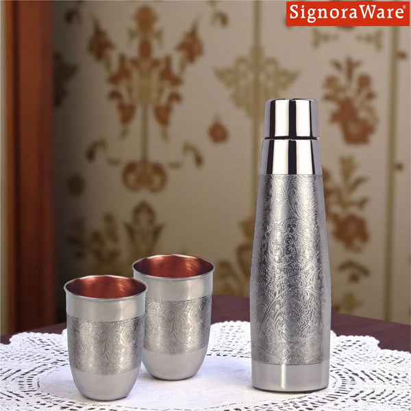 Silver Touch Copper Bottle with 2 Glass