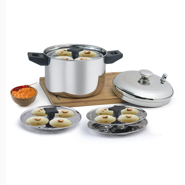 Modern  Steel Idli Cooker 4 Plates | Stainless Steel Idli Cooker 16 Cavity Panai | Idly Maker with Steamer Cooker | Idly Panai, Idli Pot | Idli Maker with Steamer and Gas Stove Compatible, Silver