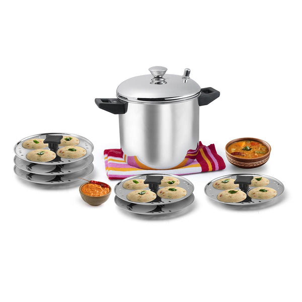 Modern Steel Idli Cooker 6 Plates | Stainless Steel Idli Cooker 24 Cavity Panai | Idli Maker with Steamer Cooker | Idly Panai, Idli Pot | Idli Maker with Steamer and Gas Stove Compatible, Silver