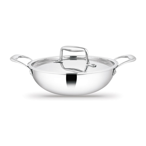 Artista Triply Stainless Steel Shallow Kadhai with Lid| Silver (Induction and Gas Stove Friendly), 26cm, 4000ml